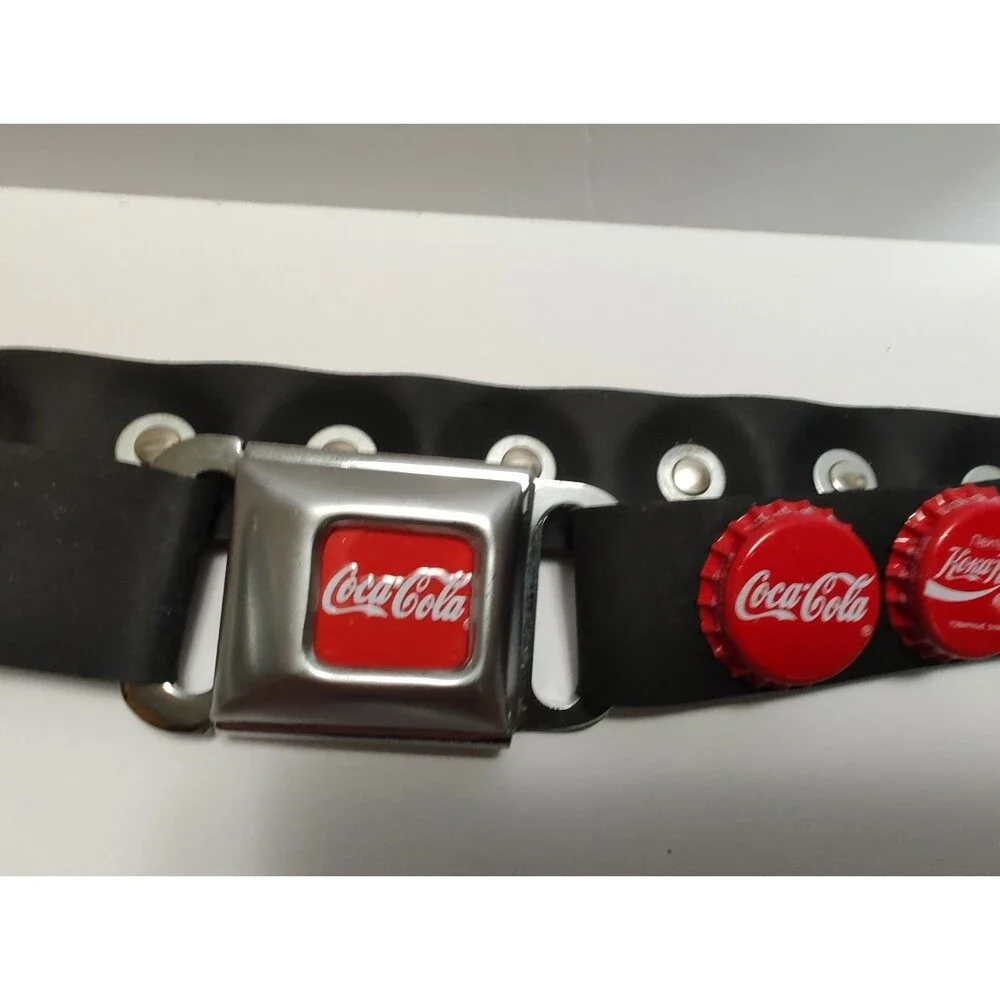 Vintage 90's COKE Rubber Belt  Coca-Cola Global Bottle Caps Chrome Punk Goth